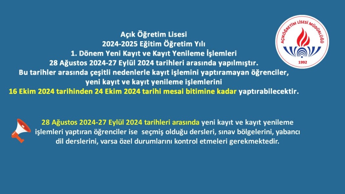 Açık Öğretim Lisesi 2024-2025 1.Dönem Yeni Kayıt ve Kayıt Yenileme İşlemleri